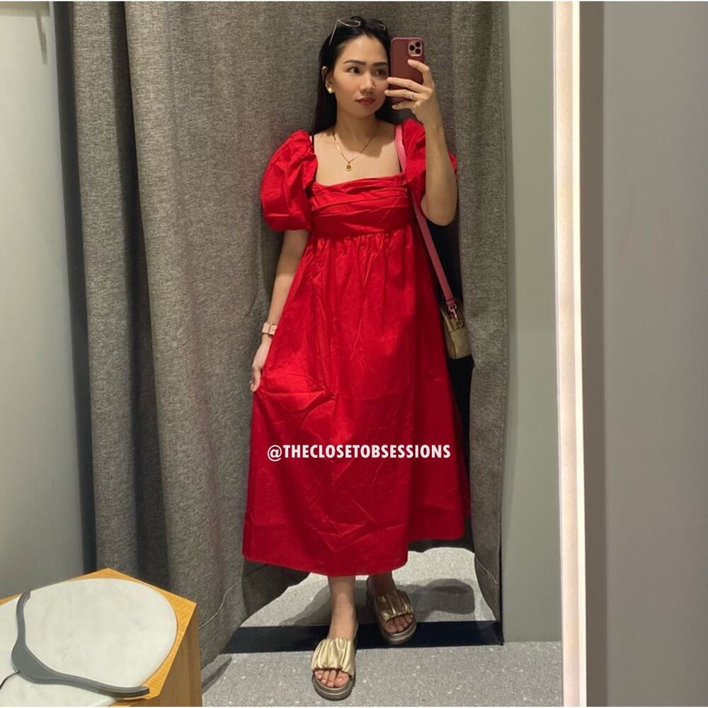 Mango Red Poplin Midi Dress NWT Off Shoulder Puff Sleeve Cotton Size 6 - Picture 11 of 16